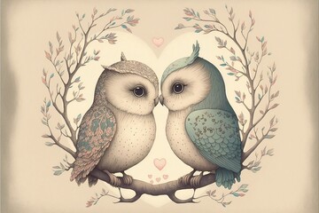 Fototapeta premium Couple of Owls in love Valentines day vintage style illustration generative ai