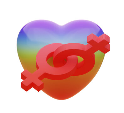 3D rendering. Lesbian symbol or homosexual symbol and rainbow heart.