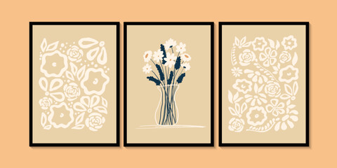 Abstract beige floral patterns, modern minimalist lines wall decor prints. Bohemian style abstract. Wall art home decoration. Elegant wall posters, covers.
