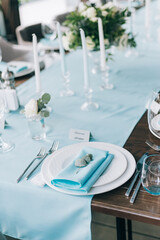 Romantic table setting with died flowers, copy space