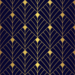 Art Deco diamond fan pattern. Luxury gold and navy blue geometric decor. 