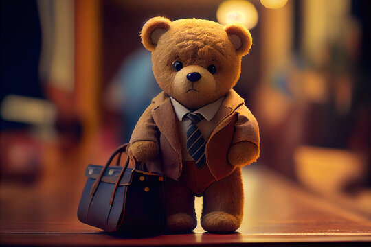 A small brown teddy bear dressed in a business suit, standing in an office setting. Generative AI