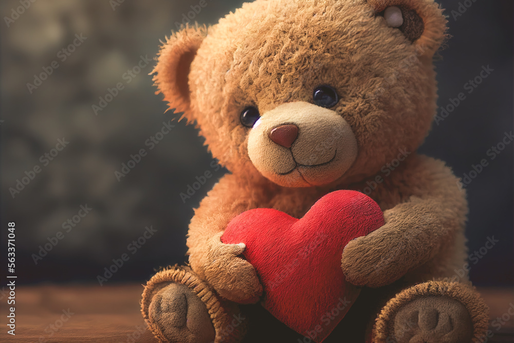 Wall mural Teddy bear holding a red heart-shaped pillow in his hands with blurred background with Generative AI technology