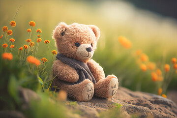 Small brown teddy bear sitting among a colorful flower garden. Generative AI