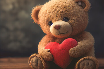 Obraz premium Teddy bear holding a red heart-shaped pillow in his hands with blurred background with Generative AI technology