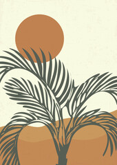 Oasis in the desert minimalistic printable illustration. Dunes and palm wild nature landscape - obrazy, fototapety, plakaty
