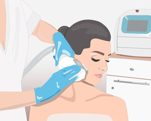 Illustration. Epilation hair removal procedure on a woman’s face. Beautician doing laser rejuvenation in a beauty salon. Removing unwanted body hair.
