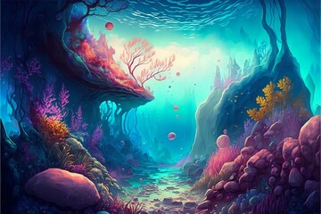 Colorful sea background with rocky bottom, boulders, algae and corals in a watercolor style. AI generated.