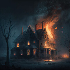 Fototapeta na wymiar Burning wooden house in the evening (Generative AI)