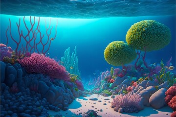 Colorful marine background with blue clear water boulders, algae and corals in a watercolor style. AI generated.