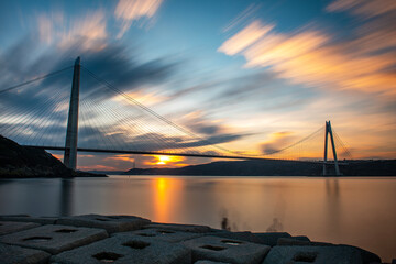 Yavuz Sultan Selim Bridge in Istanbul, Turkey. 3rd bridge of Istanbul Bosphorus with blue sky. Sunset view..