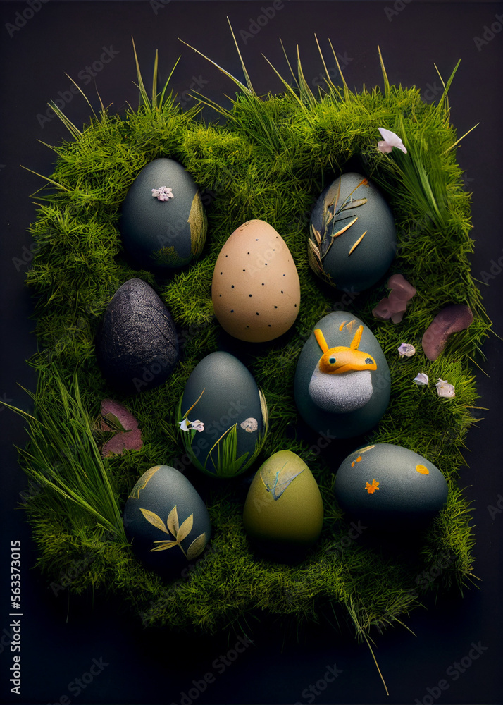 Wall mural Decorated easter eggs in grass on sky background. AI Generated