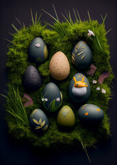 Decorated easter eggs in grass on sky background. AI Generated