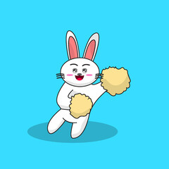 Cute Blushing White Rabbit Cheering Using Pom Poms Illustration