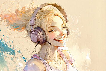 Beautiful smiling blonde girl enjoying music in big headphones in a watercolor hand drawn style light illustration with copyspace.Woman in headphones listening to music.AI generated.