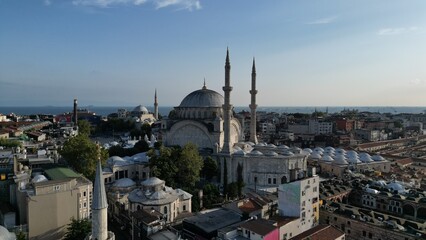 Charming Nurosmaniye Mosque in the center of Istanbul with a view of the Bosphorus. Drone view