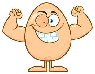 Strong Egg Cartoon Mascot Character Winking And Showing Muscle Arms. Hand Drawn Illustration Isolated On Transparent Background