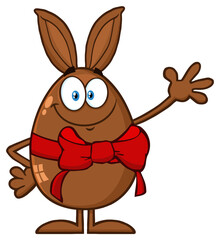 Smiling Chocolate Egg Cartoon Mascot Character With A Rabbit Ears And Red Ribbon Waving For Greeting. Hand Drawn Illustration Isolated On Transparent Background