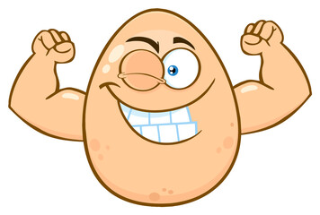 Obraz premium Strong Egg Cartoon Mascot Character Winking And Showing Muscle Arms. Hand Drawn Illustration Isolated On Transparent Background