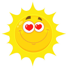 Loving Yellow Sun Cartoon Emoji Face Character With Hearts Eyes. Hand Drawn Illustration Isolated On Transparent Background