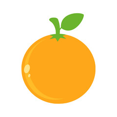 Orange Fresh Fruit With Green Leaf Simple Icon Flat Design. Hand Drawn Illustration Isolated On Transparent Background