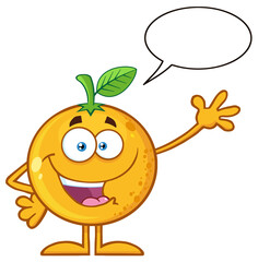 Happy Orange Fruit Cartoon Mascot Character Waving For Greeting. Hand Drawn Illustration Isolated On Transparent Background