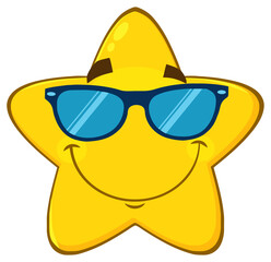 Smiling Yellow Star Cartoon Emoji Face Character With Sunglasses. Hand Drawn Illustration Isolated On Transparent Background