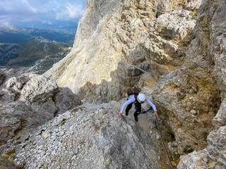 Adventurous hike up to mount Lagazuoi in the Dolomite Alps, autonomous pronvince of South Tirol