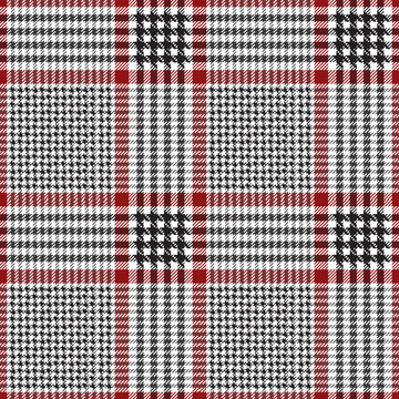 Red, black and white houndstooth pattern. Scottish check plaid, fabric swatch close-up. 