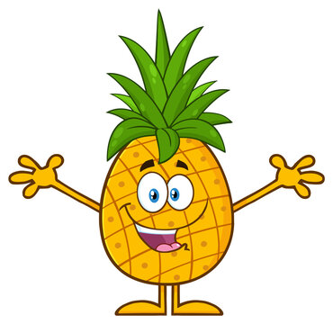 Happy Pineapple Fruit With Green Leafs Cartoon Mascot Character With Open Arms For Hugging. Hand Drawn Illustration Isolated On Transparent Background