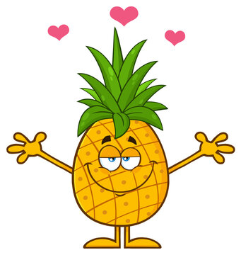 Pineapple Fruit With Green Leafs Cartoon Mascot Character With Hearts And Open Arms For Hugging. Hand Drawn Illustration Isolated On Transparent Background