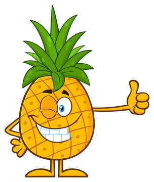 Winking Pineapple Fruit With Green Leafs Cartoon Mascot Character Giving A Thumb Up. Hand Drawn Illustration Isolated On Transparent Background
