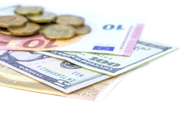 Money isolted on a white background.Euro and dollar banknotes. Copy space.