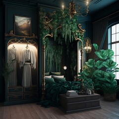Art Nouveau designed bedroom with plants. Made with Generative AI