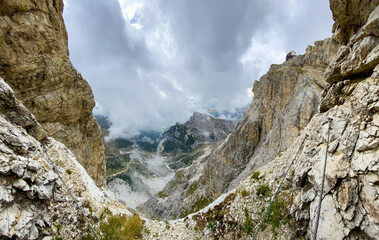 Adventurous hike up to mount Lagazuoi in the Dolomite Alps, autonomous pronvince of South Tirol