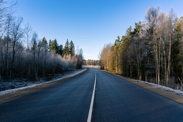 Fototapeta na wymiar Highway. Highways white line. Asphalt road between frosty trees in the sunny day