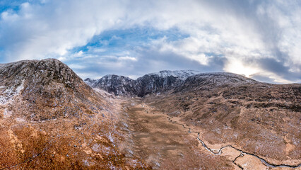 Aerial view of Poisen Glen next to Mount Errigal, the highest mountain in Donegal - Ireland.