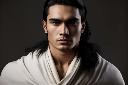 Close-up portrait of a handsome young native american / indigenous man with long hair on a dark background, not based on a real person, Generative AI