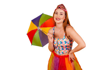 Brazilian redhead, in carnival clothes, with a colorful parasol.