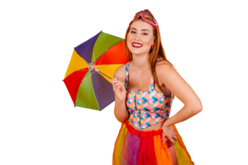 Brazilian redhead, in carnival clothes, with a colorful parasol.