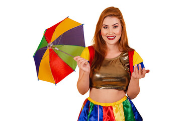 Brazilian redhead, with carnival clothes, frevo, and colorful parasol. calling with hands.