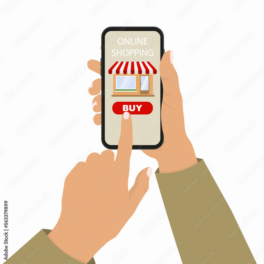Poster online mobile payment concept. mobile phone with shop icon on the touch screen. can use for web bann