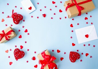 Blue background, flat lay for valentines day holiday, copy space for text, holiday gifts frame, envelope and red hearts, white sheet of paper.  The concept of love, romance, close relationships.