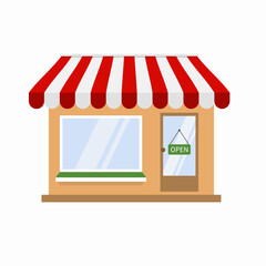 Storefront vector illustration, store of restaurant cafe building on town street, flat cartoon shop facade front view. 