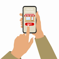 Online mobile payment concept. Mobile phone with shop icon on the touch screen. Can use for web banner, infographics. Vector illustration in flat. 