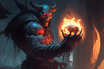 Obraz premium a demonic creature holding a glowing ball of fire, fantasy, concept art illustration 