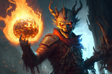 a demonic creature holding a glowing ball of fire, fantasy, concept art illustration 