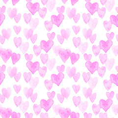 Watercolor seamless pattern for celebrating Valentine's day, white background with little pink violet hearts.