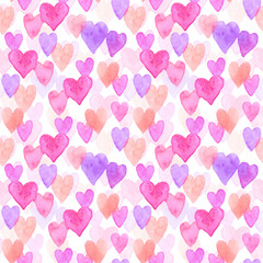 Watercolor seamless pattern for celebrating Valentine's day, background with little pink violet lilac hearts.