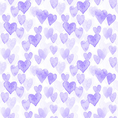 Watercolor seamless pattern for celebrating Valentine's day, background with little blue violet hearts.